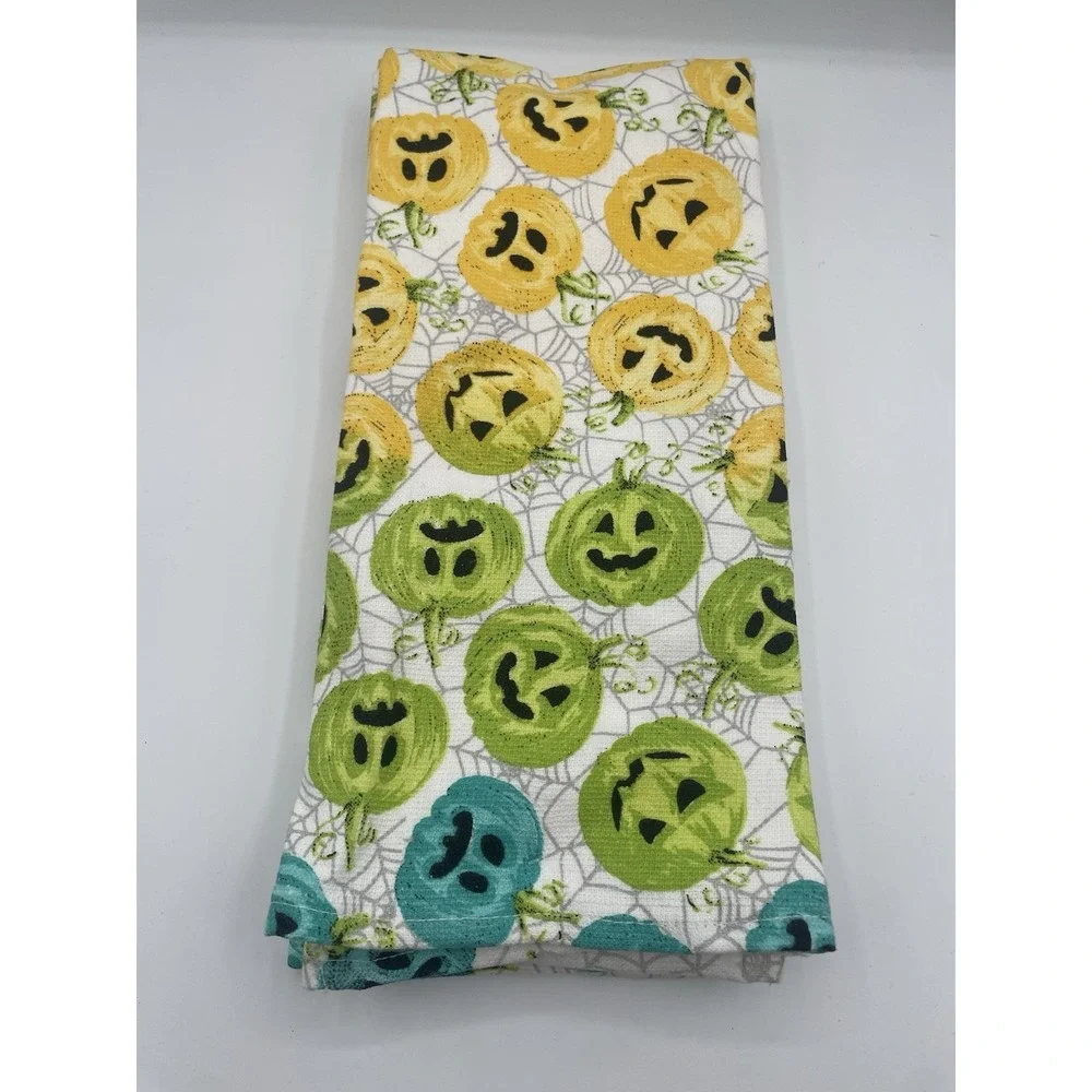 Pumpkin Ombré Dish Towels‎ Set Of 3 Spider Webs Halloween Yellow Green Blue New